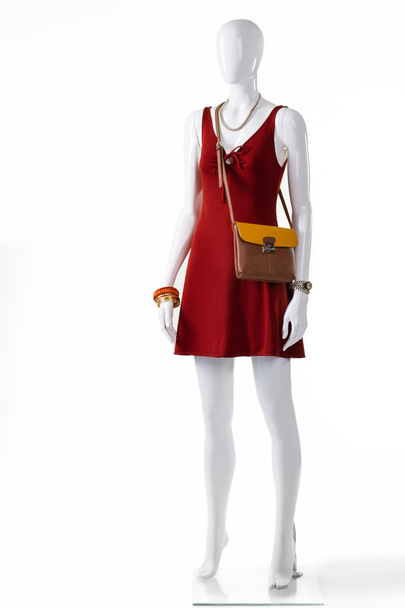 Rode stretch jurk en handtas. - Foto, afbeelding