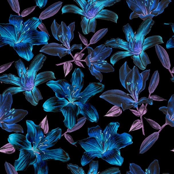  Seamless pattern with blue lilies. - Fotografie, Obrázek