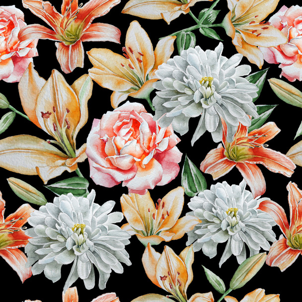  Seamless pattern with flowers. Rose. lily. Chrysanthemum. Watercolor.  - Foto, Bild