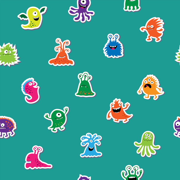 Seamless pattern with cute monsters on a green background - Vecteur, image