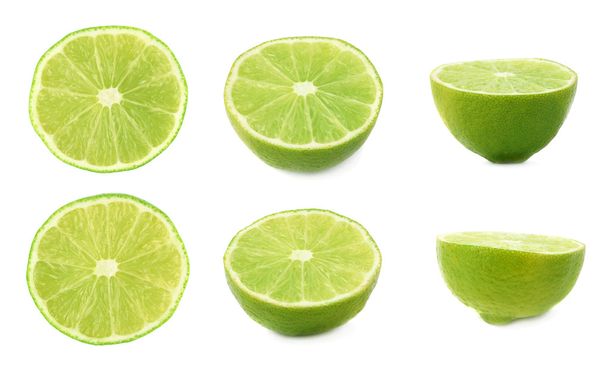 Set of ripe lime cuts in half isolated over the white background, three different foreshortenings - Foto, Imagen
