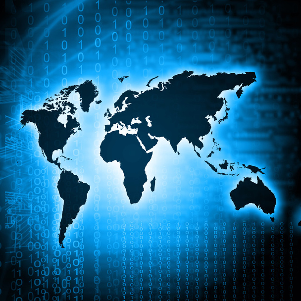 Weltkarte auf technologischem Hintergrund, leuchtende Linien Symbole des Internets, Radio, Fernsehen, Mobilfunk und Satellitenkommunikation. - Foto, Bild