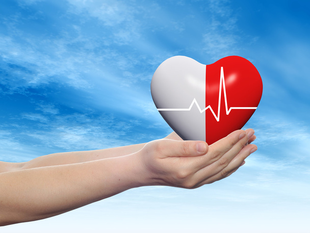 Conceito conceitual 3D vermelho sinal do coração humano ou símbolo realizada no homem humano ou mão mulher, fundo céu azul
 - Foto, Imagem