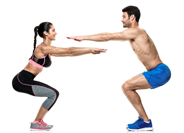 couple man and woman fitness exercises isolated - 写真・画像
