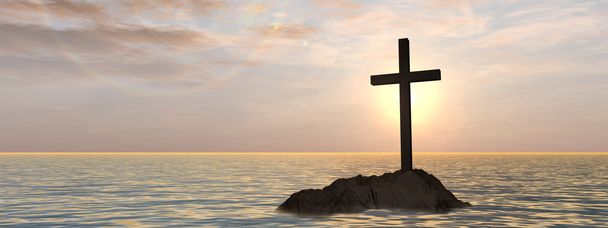 Cruz cristiana en una pequeña isla rocosa
 - Foto, Imagen
