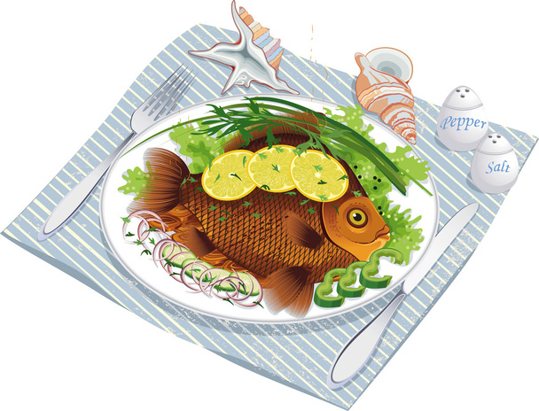 Baked fish with vegetables on a plate - Vecteur, image