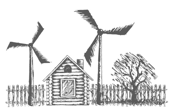 Ahşap evin Rüzgar türbinleri ile çizim. - Fotoğraf, Görsel