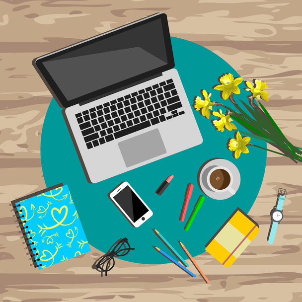 Woman working desk top view. Working place vector illustration. Working tools set - Vector, Image