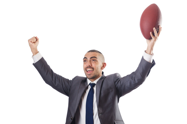 Man with american football ball isolated on white - 写真・画像