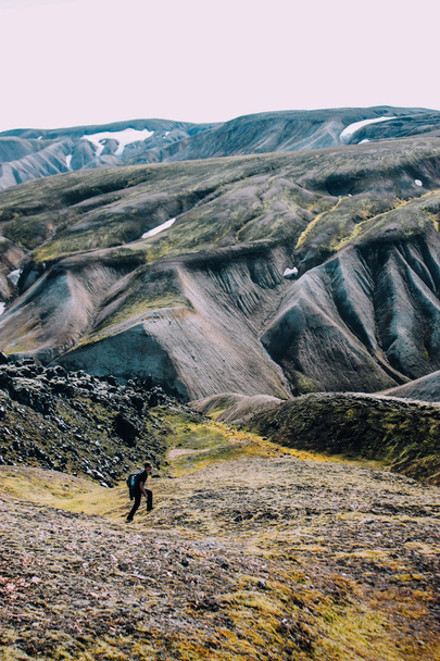 landmannalaugar, Iceland - 21 August 2014: icelandic landscape with mountain tourist on 21 August 2014, in Iceland - 写真・画像