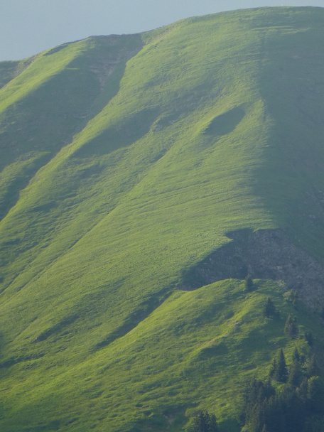 Lado verde de la montaña iluminado por el sol de la tarde en Suiza
 - Foto, Imagen