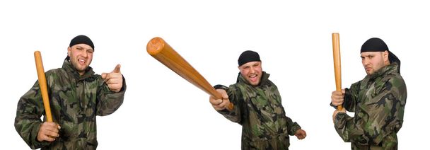 Soldier with baseball bat on white - Photo, Image
