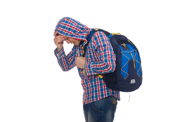 Tired student with backpack isolated on white - Fotoğraf, Görsel