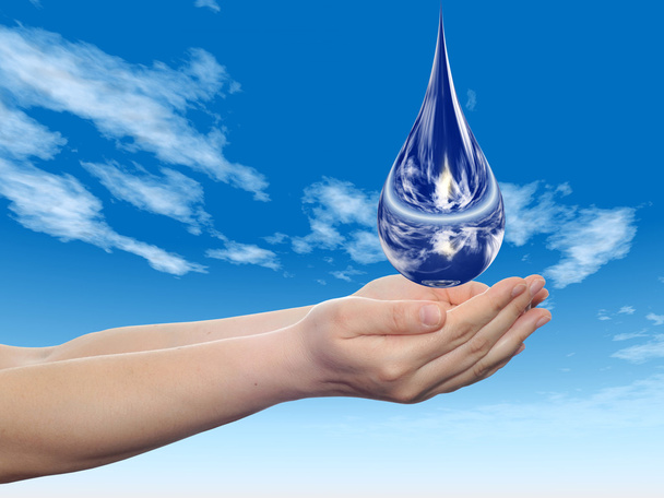 Concept or conceptual blue water or liquid drop falling in two woman hands on blue sky background - Photo, Image
