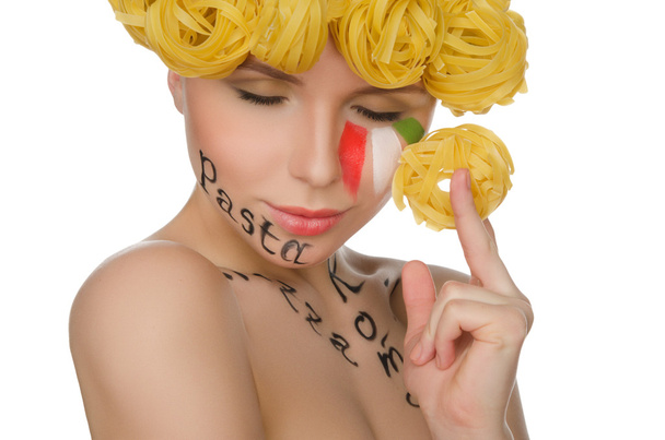 young woman with hair pasta and symbols of Italy - Valokuva, kuva