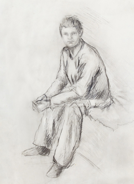 sitting young man drawing, eye contact, paper background. - Photo, Image