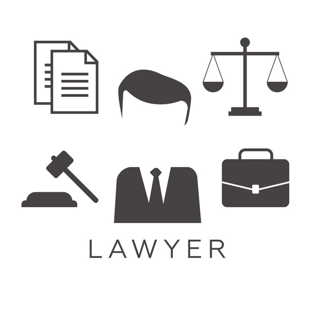 Právnický koncept. Ikony právníků v rovném stylu. Znak právníka a vektor symbolu. Ilustrace sady právníků - Vektor, obrázek