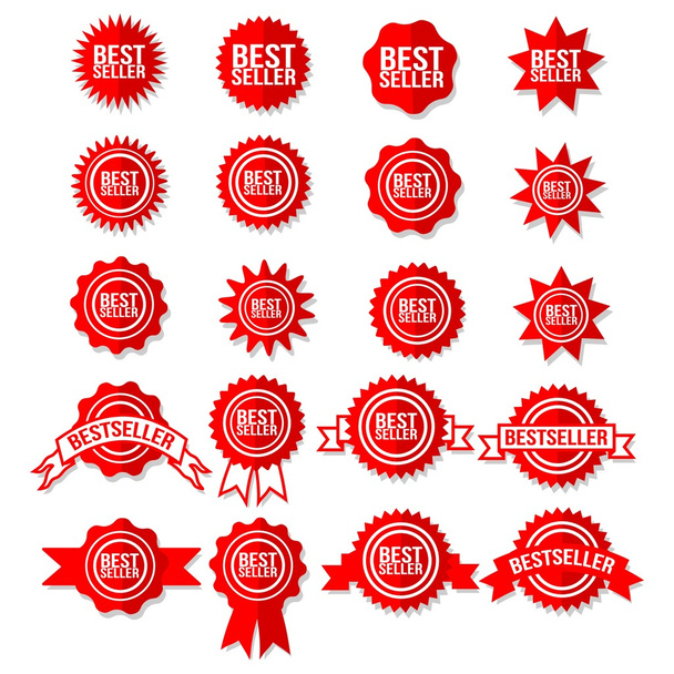 Символ "Лучший продавец знаков" - Red Bestseller Award Icon Set Stars Stickers - Certificate Emblem Vector Labels
 - Вектор,изображение