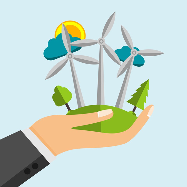 Wind Turbine - Renewable Energy Sources In Open Cartoon Hand - Vector, Image