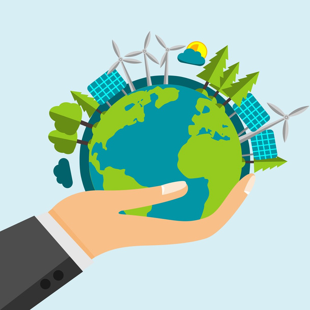 Open cartoon hand houden van de planeet aarde gevuld met groene natuur en hernieuwbare energiebronnen-windmolens en zonnepanelen - Vector, afbeelding