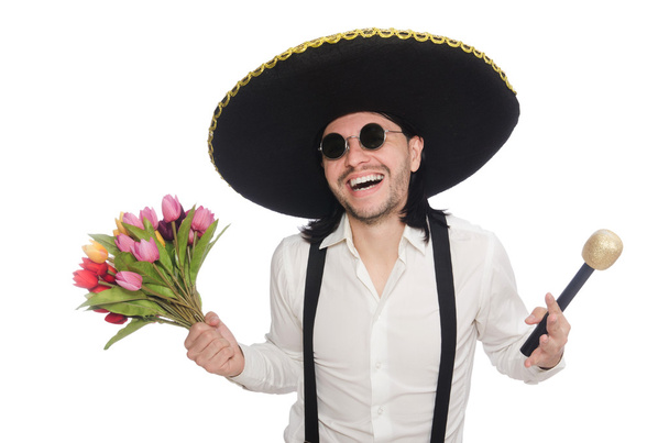 Mexicano sorridente com flores e microfone isolado em branco
 - Foto, Imagem
