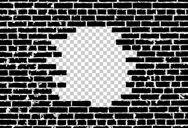 Broken realistic old black brick wall concept on transparent background. Vector illustration - Vector, Image