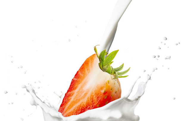 Strawberry Falling On Milk Splash - Фото, изображение