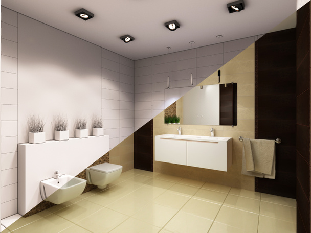 シャワー付きのバスルームのインテリア デザインの 3 d イラストレーション.  - 写真・画像