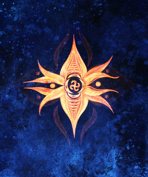 Mandala bloem met zonne-symbool op de kleurrijke abstracte achtergrond. - Foto, afbeelding
