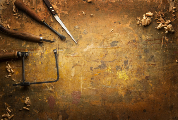 Hand tools Wood on an old wooden workbench - 写真・画像
