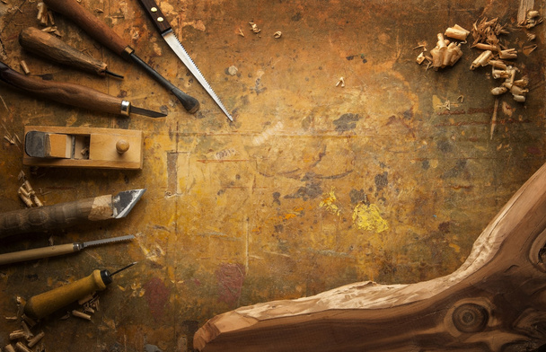 Hand tools Wood on an old wooden workbench - 写真・画像