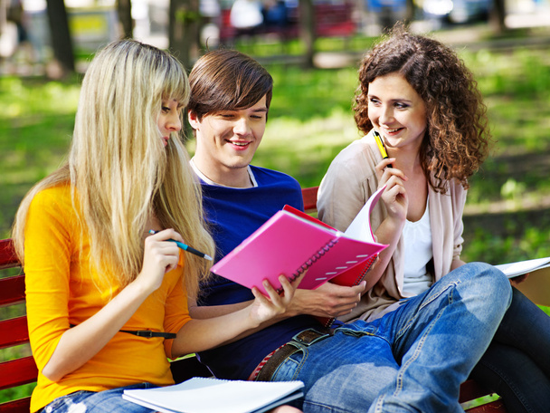 Estudiante de grupo con cuaderno al aire libre
. - Foto, imagen