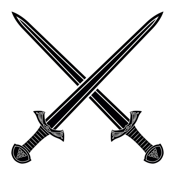 Twee gekruiste Gladius zwaard silhouet op witte achtergrond. Mediev - Vector, afbeelding