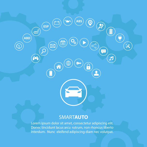 Smart auto car concept with automotive icons. Internet of things road transport. Car Wifi icon. Electric vehicle technology. Car icon. - Vector, Image