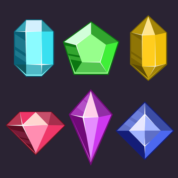 Cartoon vector gems and diamonds icons set in different colors with different shapes - Vektor, kép