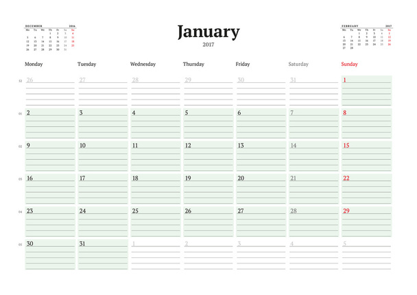 Calendar Template for 2017 Year. January. Business Planner 2017 Template. Stationery Design. Week starts Monday. 3 Months on the Page. Vector Illustration - ベクター画像