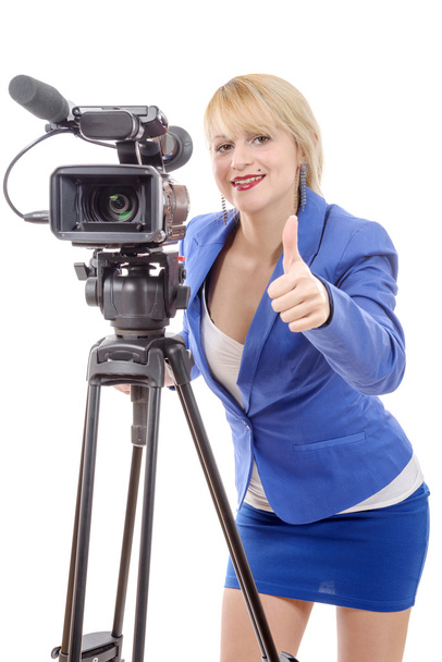 beautiful young woman with blue suit and professional video came - Foto, imagen