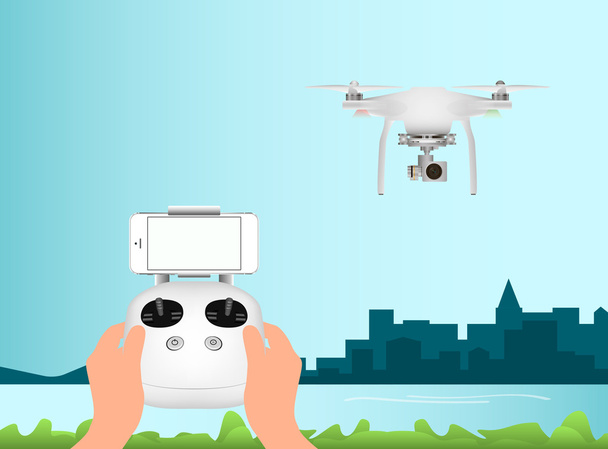 White drone with with digital camera for aerial photography. Remote Control and mobile smartphone - ベクター画像