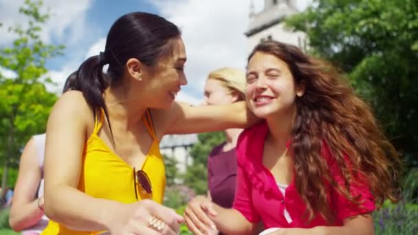 naispuoliset ystävät juttelemassa puistossa
 - Materiaali, video