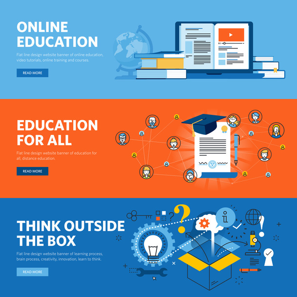 Σετ πανό Web σχεδίασης με επίπεδη γραμμή για διαδικτυακή εκπαίδευση - Διάνυσμα, εικόνα
