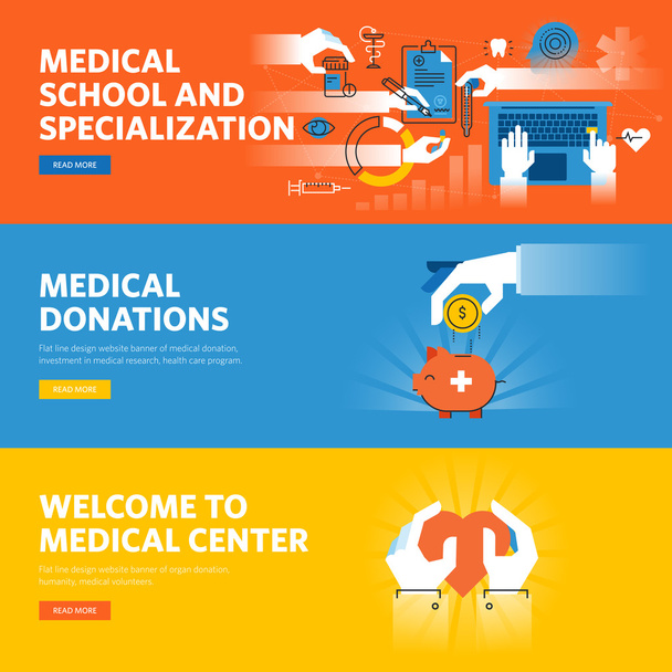 Набір веб-банерів дизайну плоскої лінії для онлайн-медичної освіти, медичних пожертвувань, інформації та обладнання медичного центру
 - Вектор, зображення