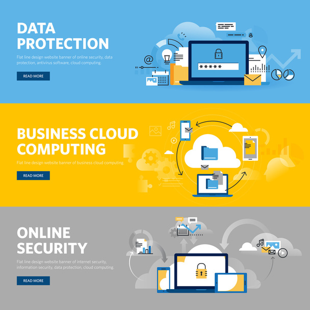 Σύνολο banner Web σχεδίασης με επίπεδη γραμμή για προστασία δεδομένων, ασφάλεια στο διαδίκτυο, λογισμικό προστασίας από ιούς και υπηρεσίες, Επιχειρηματικό υπολογιστικό νέφος - Διάνυσμα, εικόνα