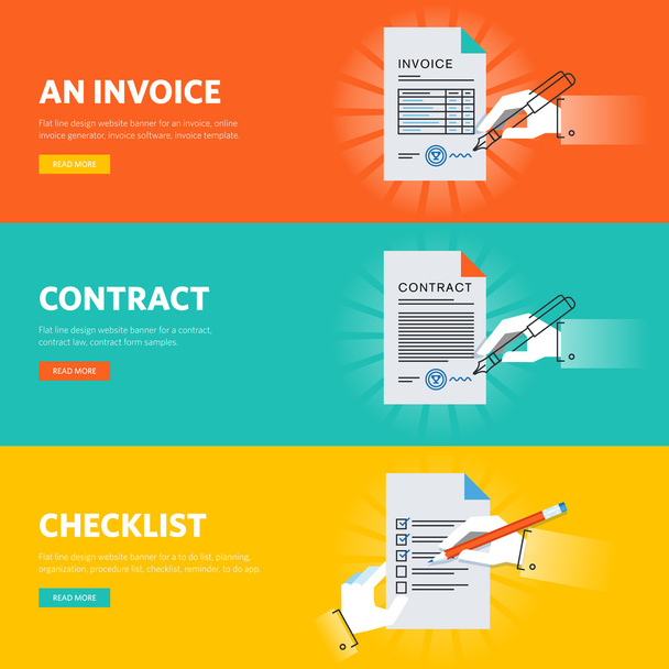 Set of flat line design web banners for business documentations, document form samples and templates, online document generator and app - Vektor, kép