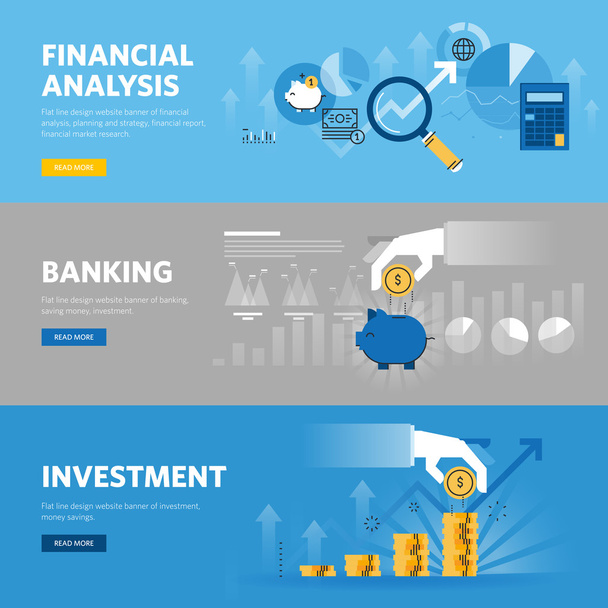 Набор баннеров с плоской линией дизайна для банков и финансов, инвестиций, маркетинговых исследований, финансового анализа, сбережений
 - Вектор,изображение