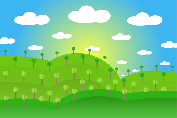 Krajina s zelenými kopci, zahrady, lesy, modrá obloha, bílé mraky, žluté slunce, plochý design - Vektor, obrázek
