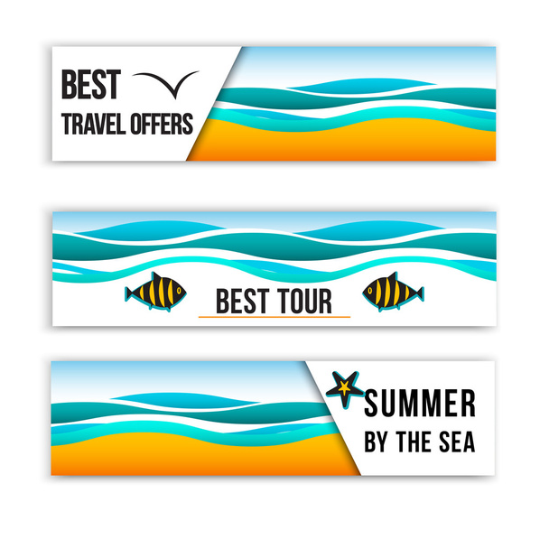 Summer sea banners. Collection of summer inspired headers. Summer Header Banners. Best tour banners. - ベクター画像