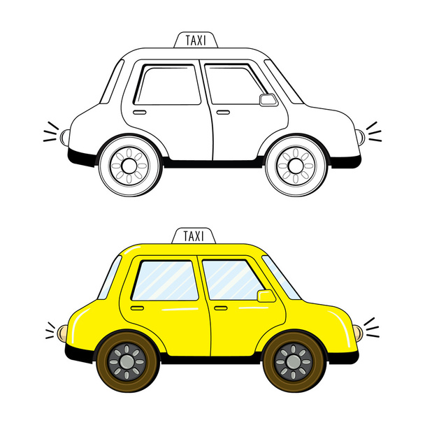 Black and white and colored cute cartoon style taxi - Vettoriali, immagini