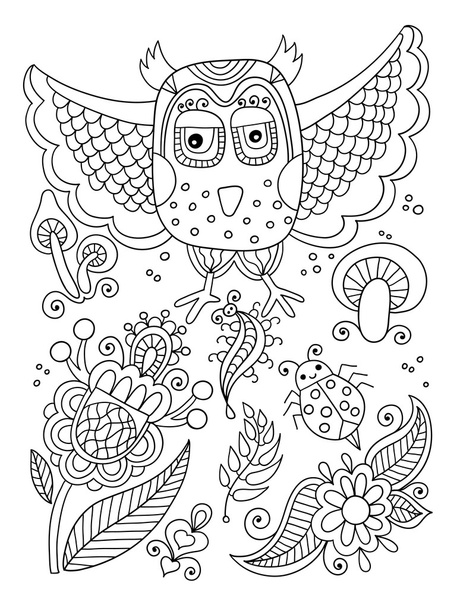 line drawing of forest elements - owl, flowers, mushrooms, berri - Vecteur, image