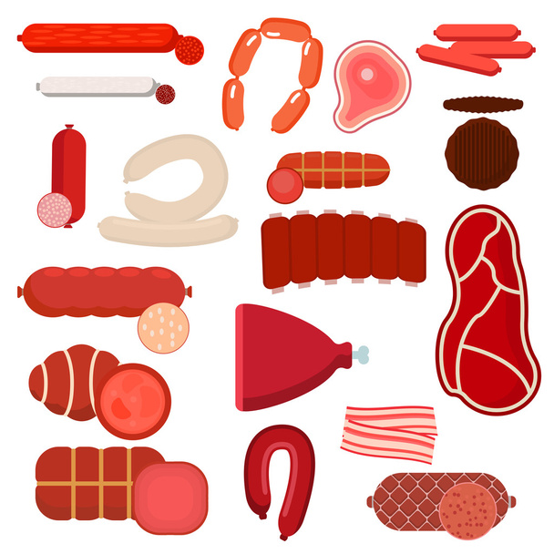 Biefstuk van rundvlees of varkensvlees, ribben, spek en worstjes - Vector, afbeelding