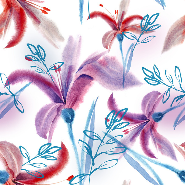 Watercolor Lilies Seamless Pattern - Fotografie, Obrázek